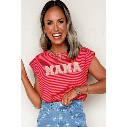 Red Stripe MAMA Graphic Cap Sleeve T Shirt