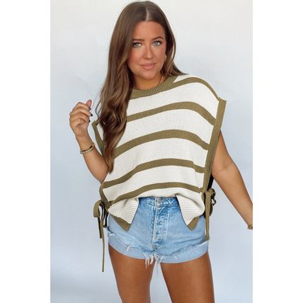 Khaki Stripe Tie Open Side Sweater Knitted Top
