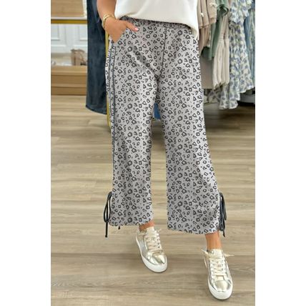Gray Leopard High Waist Side Bow Straight Leg