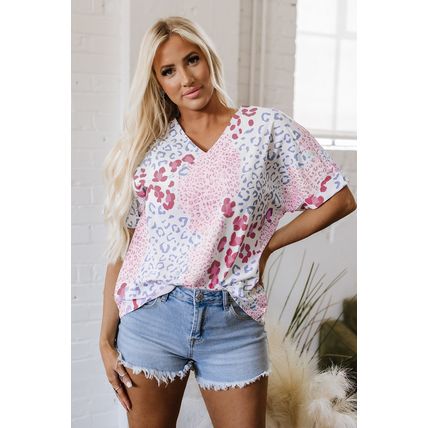Pink Mixed Leopard Print V Neck Short Sleeve Blouse