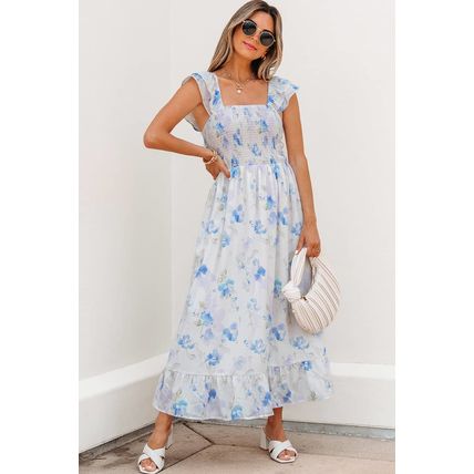 Sky Blue Floral Smocked High Waist Double Ruffle Sleeveless Long Dress