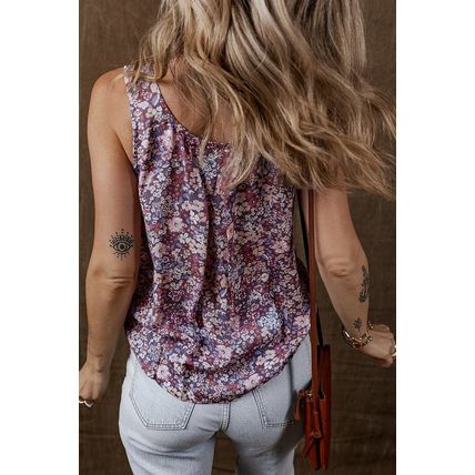 Yellow Boho Floral Pleated Buttoned Front Tank Top