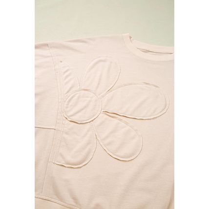 Beige Raw Edge Flower Patch Drop Shoulder Casual Top