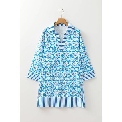 Sky Blue Contrast Striped Trim Floral Shift Fit Fall Dress