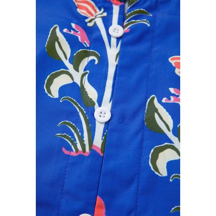 Blue Floral Print Button Detail 3/4 Puff Sleeve Ruffle Hem Dress