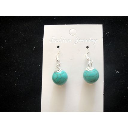 Fashionable 12mm round Turquoise dyed howlite drop earrings