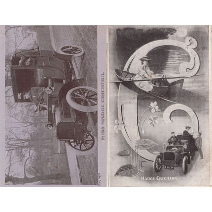 Madge Crichton in Antique Classic Car 2x Postcard s