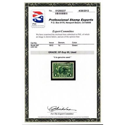397, Used 1¢ XF/Superb - With Graded 95 PSE Certificate - Stuart Katz