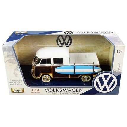Volkswagen Type 2 (T1) Pickup White and Yellow with Wood Paneling with Surfbo...