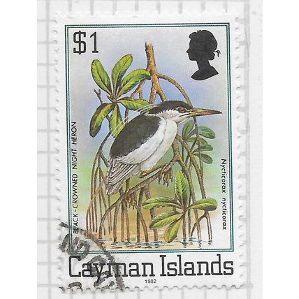 CAYMAN ISLANDS 1980 QE2 BIRD HERON BLACK CROWNED NIGHT $1 IMPRINT 1982 USED