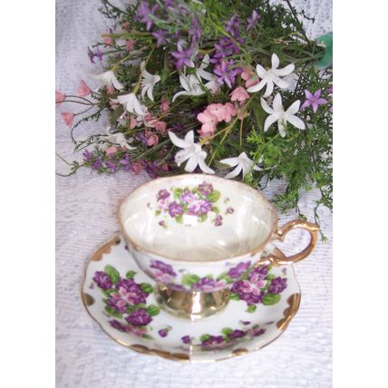 Purple Violets Footed Teacup & Saucer Made in Japan Iridescent Cup Gold Gilded