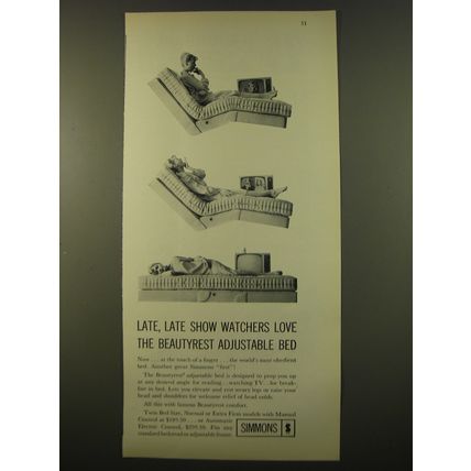 1961 Simmons Beautyrest adjustable bed Ad - Late, late show watchers love