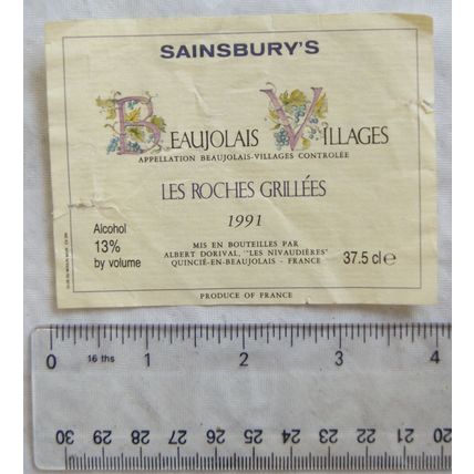 1991 wine label Beaujolais Villages, Les Roches Grillees