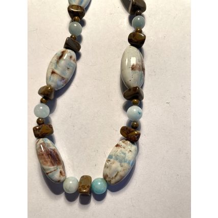Turquoise Colored Porcelain & Chysanthemum Stone Beaded Necklace # 3197-17"