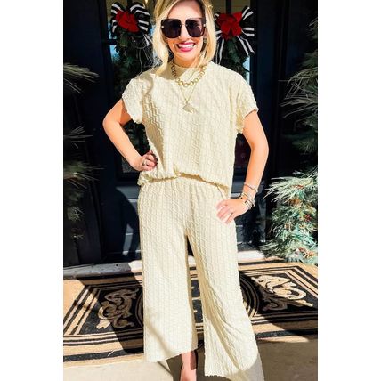 Apricot Metallic Lattice Textured Casual Two Piece Set