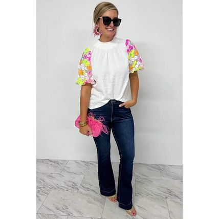 White Smocked Collar Sequin Flower Puff Sleeve Textured Top