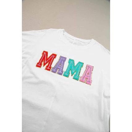 White MAMA Chenille Patched Crew Neck T Shirt