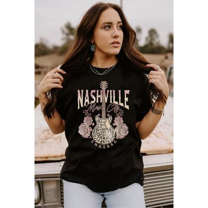 Black Nashville Music City Leopard Guitar Graphic T Shirt