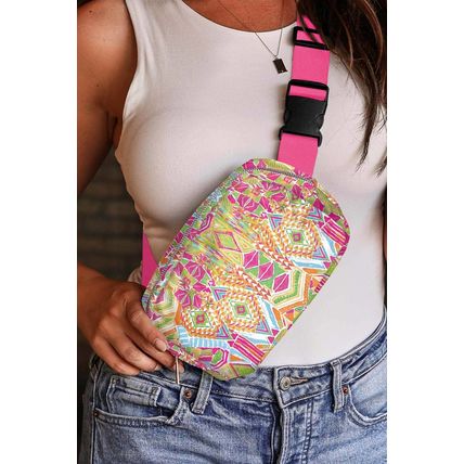 Rose Red Western Print Buckle Wide Belt Chest Bag