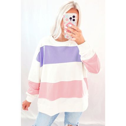 Beige Colorblock Patchwork Drop Shoulder Crewneck Sweatshirt