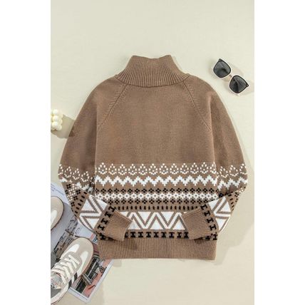 Brown Western Printed Ribbed Trim Collared Zip up Cardigan