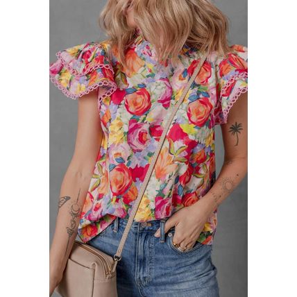 Multicolour Lace Trim Ruffle Short Sleeve Floral Blouse