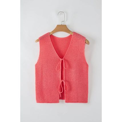 Tomato Red Lace-up Front V Neck Sweater Vest