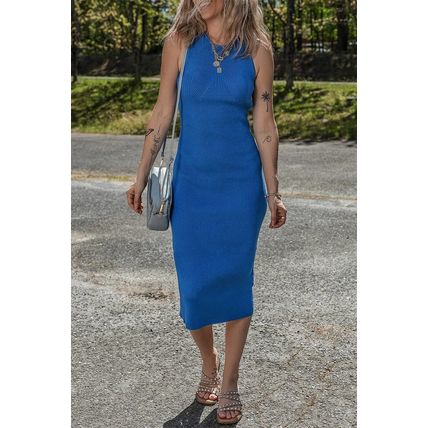 Dark Blue Solid Ribbed Knit Sheath Sleeveless Midi Sweater Dress