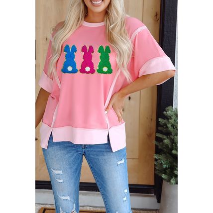 Peach Blossom Contrast Patchwork Detail Chenille Bunny Patched Easter Graphic Te