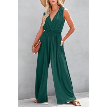 Blackish Green Deep V Pleated Crisscross Wide Leg Backless Jumpsuit