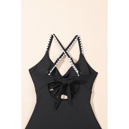 Black Ric Rac Trim Contrasted Patchwork Cutout One Piece Swimsuit
