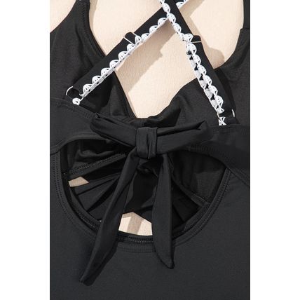 Black Ric Rac Trim Contrasted Patchwork Cutout One Piece Swimsuit