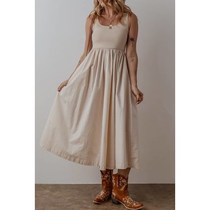 Beige Scoop Neck Ribbed Bodice Pleated Sleeveless Long Dress