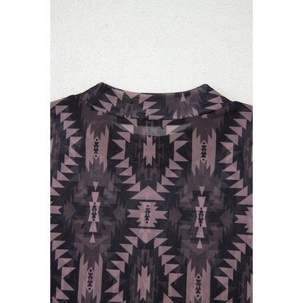Brown Aztec Print Mock Neck Short Sleeve Mesh T Shirt