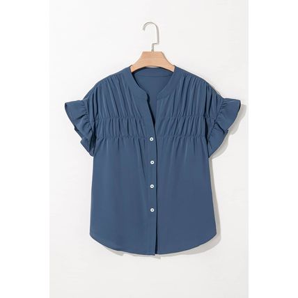 Real Teal Solid Color Ruffle Ruched Short Sleeve Buttoned Shirt