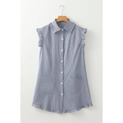 Blue Stripe Frilled Sleeveless Collar Front Pocket Button Up Mini Dress