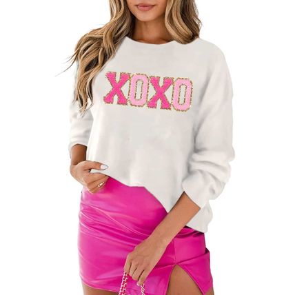 White XOXO Glitter Print Round Neck Casual Sweater