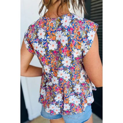 Rose Green Floral Print Bow Applique Slit Sleeveless Peplum Blouse