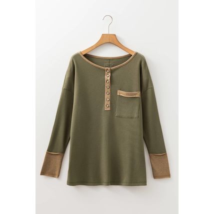 Vineyard Green Color Block Waffle Textured Tunic Henley Top with Slits