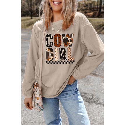 Smoke Gray Western Cowgirl Graphic Corduroy Baggy Sweatshirt