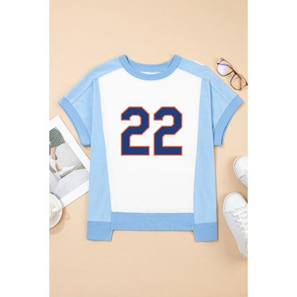 Sky Blue Number 22 Printed Color Block T Shirt