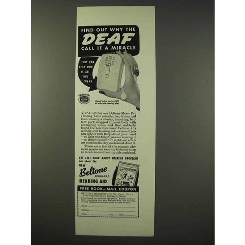 1947 Beltone Mono-Pac Hearing Aid Ad - A Miracle