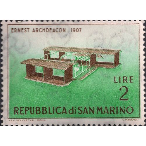 SAN MARINO, AIR, Archdeacon-Voisin Box-kite, green 1962, 2 Lire