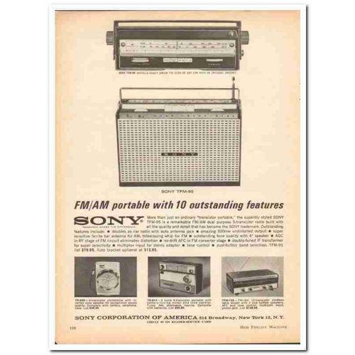 SONY CORP AMERICA 1962 Features TFM-95 FM AM portable radio vintage ad