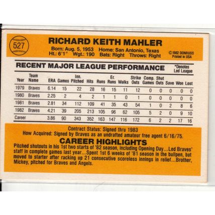 1983 Donruss baseball card 527 Rick Mahler