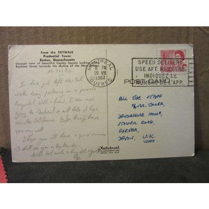 from SKYWALK PRUDENTIAL TOWER, BOSTON, MASSACHUSETTS USA used postcard 1967 pm =