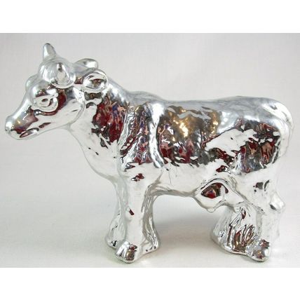 Pre-Owned Metallic Silver Ceramic Cow Figurine, About 5-1/2" Tall