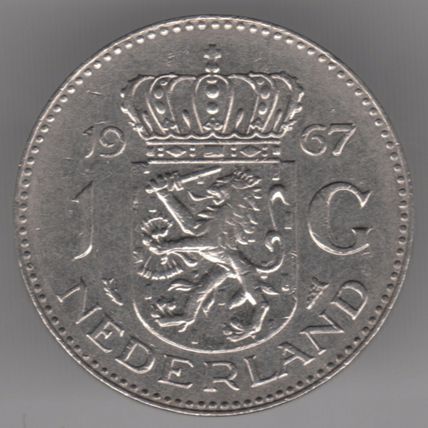 Netherlands 1 Gulden 1967 Nickel Coin - Queen Juliana - Crowned Lion Shield