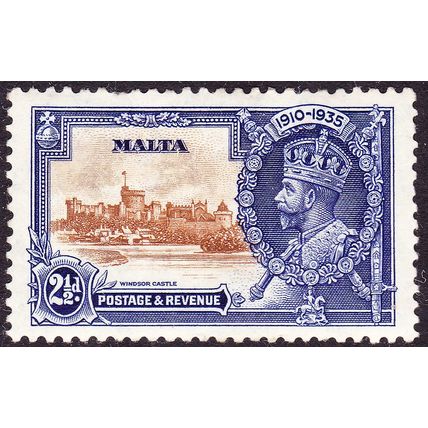 1935 KGV SILVER JUBILEE - MALTA 2½d SG211 DOWNWARD DASH BY TURRET - MINT