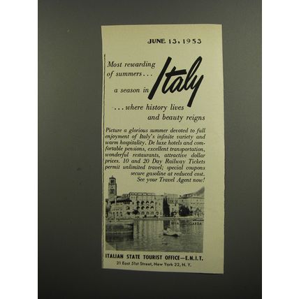 1953 Italian State Tourist Office Ad - Most rewarding of Summers